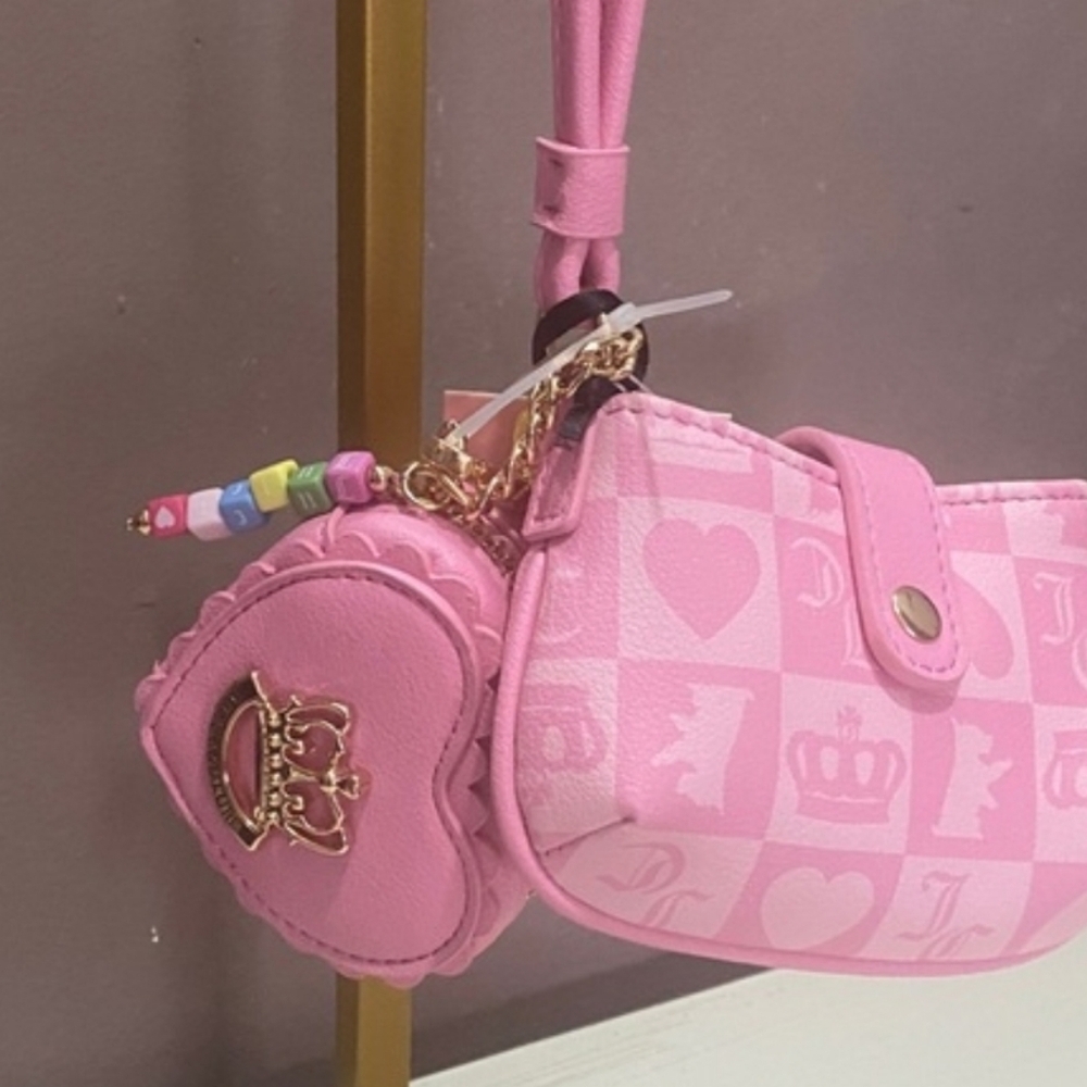 Juicy Couture Pink Checker Heart Crossbody with Heart Coin Pouch - Picture 2 of 10